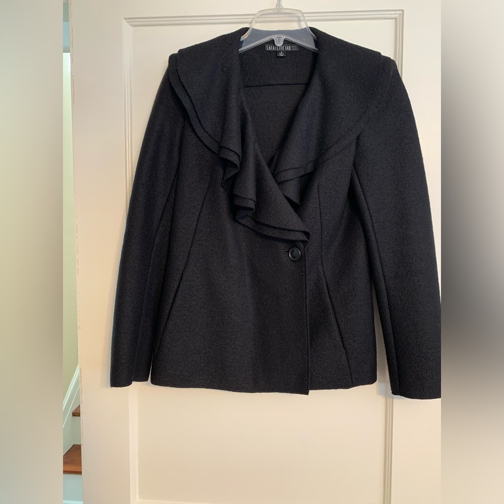 Gorgeous Lafayette 148 Black wool jacket with ruffle collar.